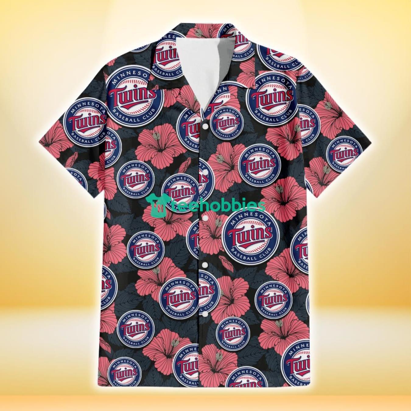 Minnesota Twins Light Coral Hibiscus Gray Leaf Black Background 3D Hawaiian Shirt Gift For Fans Product Photo 2