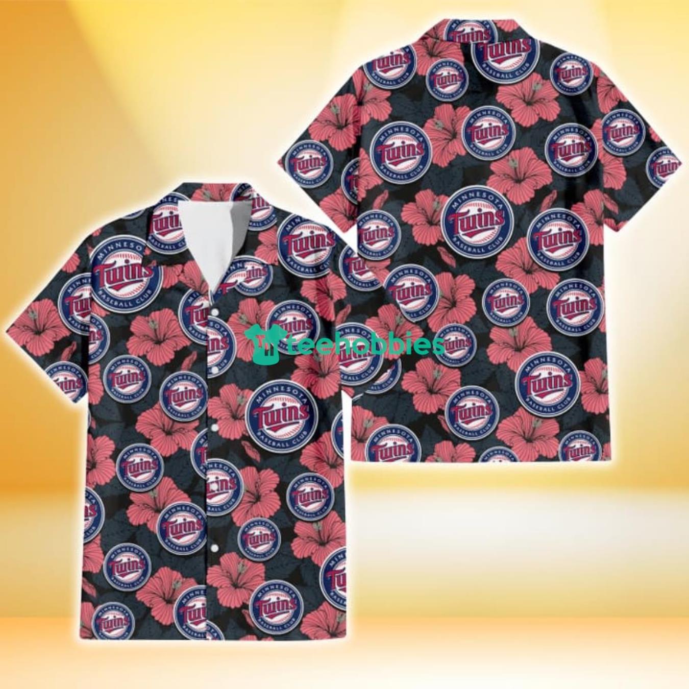 Minnesota Twins Light Coral Hibiscus Gray Leaf Black Background 3D Hawaiian Shirt Gift For Fans Product Photo 1