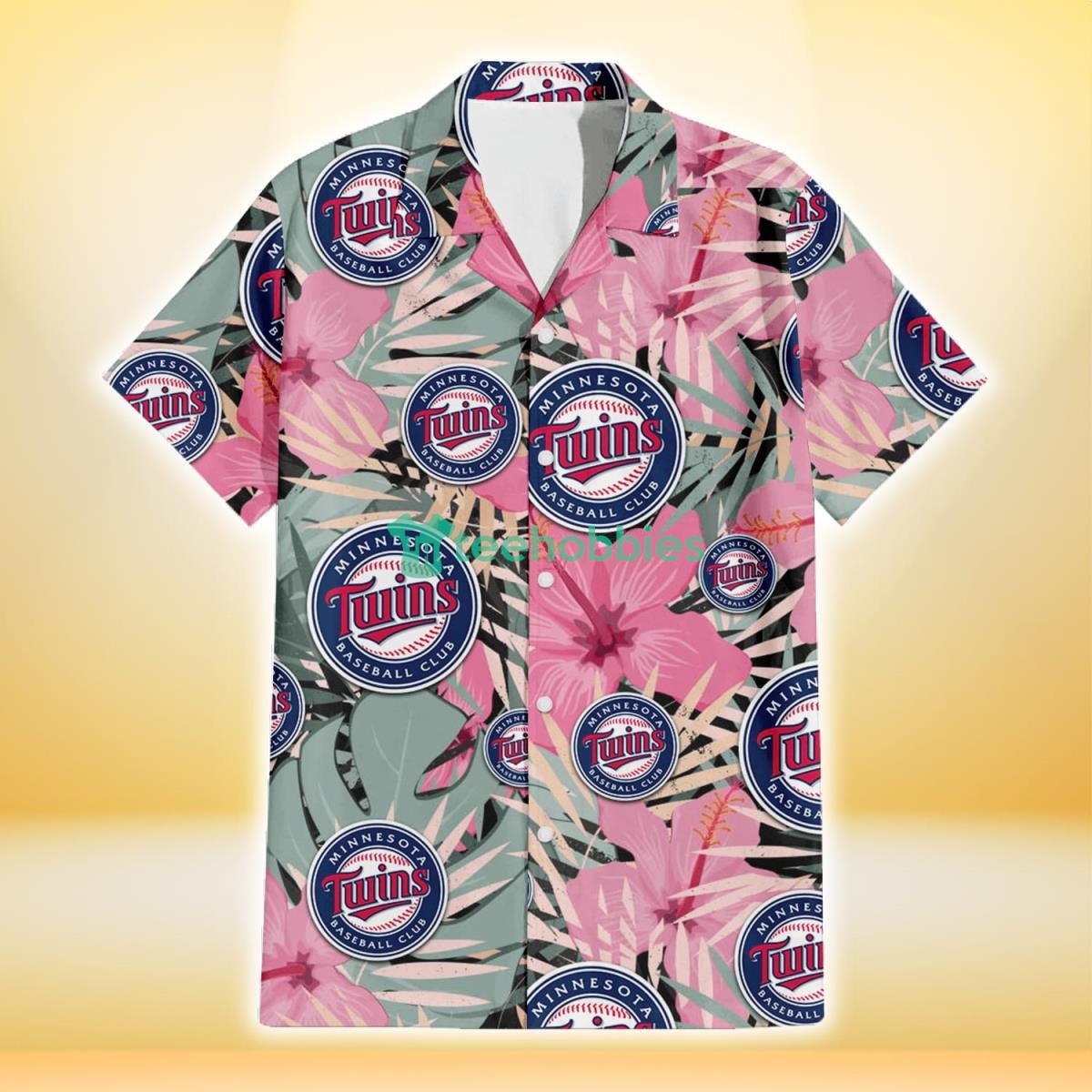 Minnesota Twins Light Pink Hibiscus Pale Green Leaf Black Background 3D Hawaiian Shirt Gift For Fans Product Photo 2