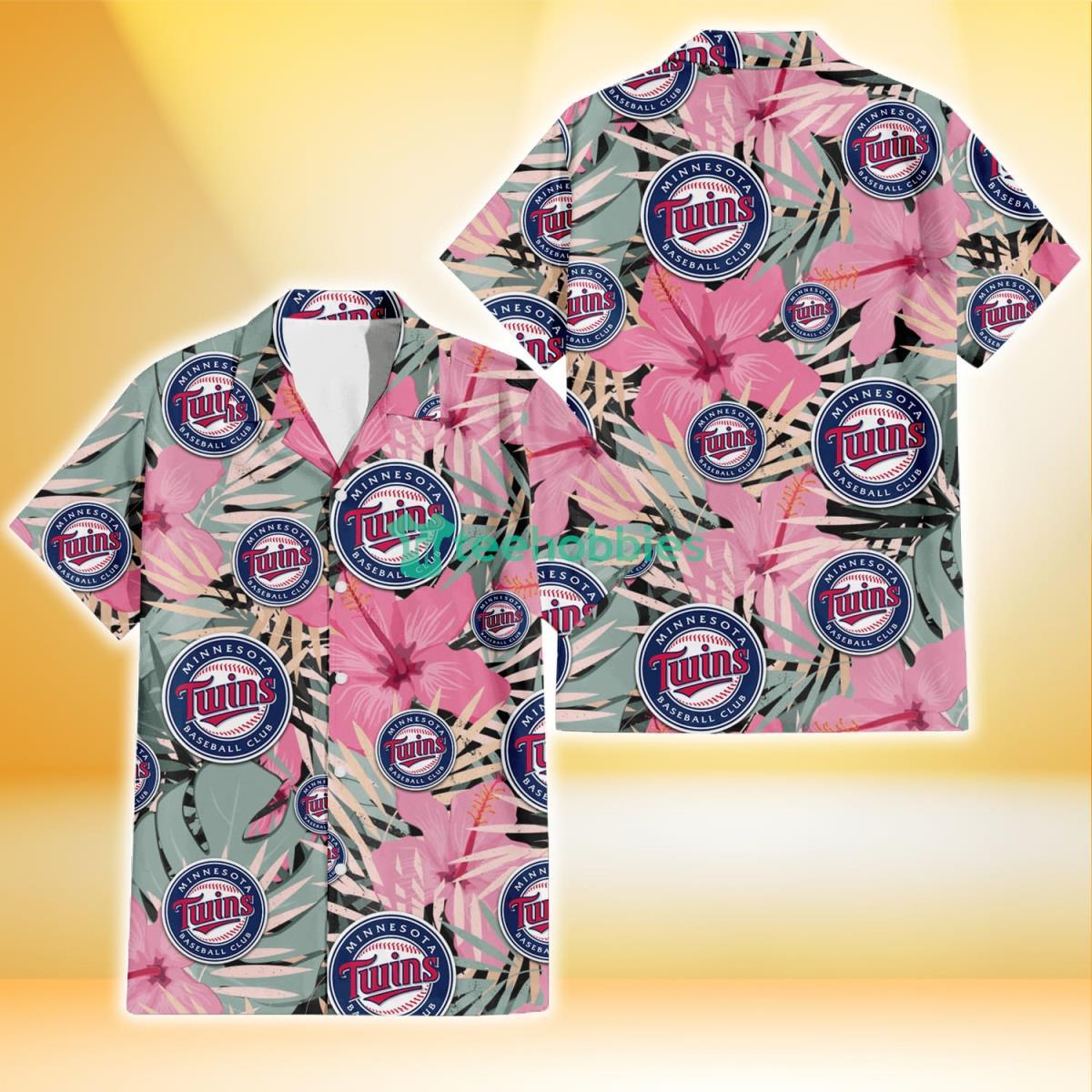 Minnesota Twins Light Pink Hibiscus Pale Green Leaf Black Background 3D Hawaiian Shirt Gift For Fans Product Photo 1