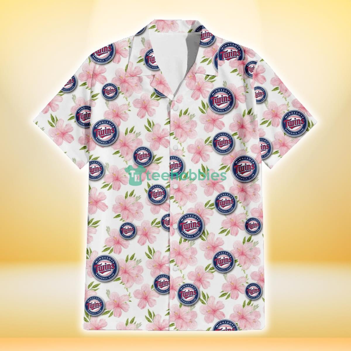 Minnesota Twins Light Pink Hibiscus White Background 3D Hawaiian Shirt Gift For Fans Product Photo 2
