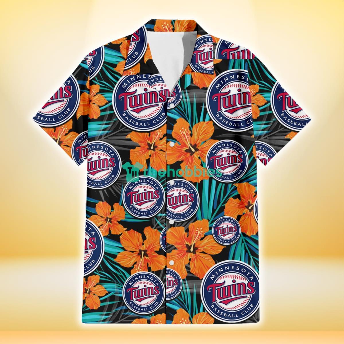 Minnesota Twins Orange Hibiscus Blue Gray Leaf Black Background 3D Hawaiian Shirt Gift For Fans Product Photo 2