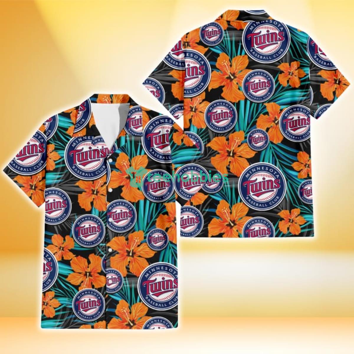 Minnesota Twins Orange Hibiscus Blue Gray Leaf Black Background 3D Hawaiian Shirt Gift For Fans Product Photo 1
