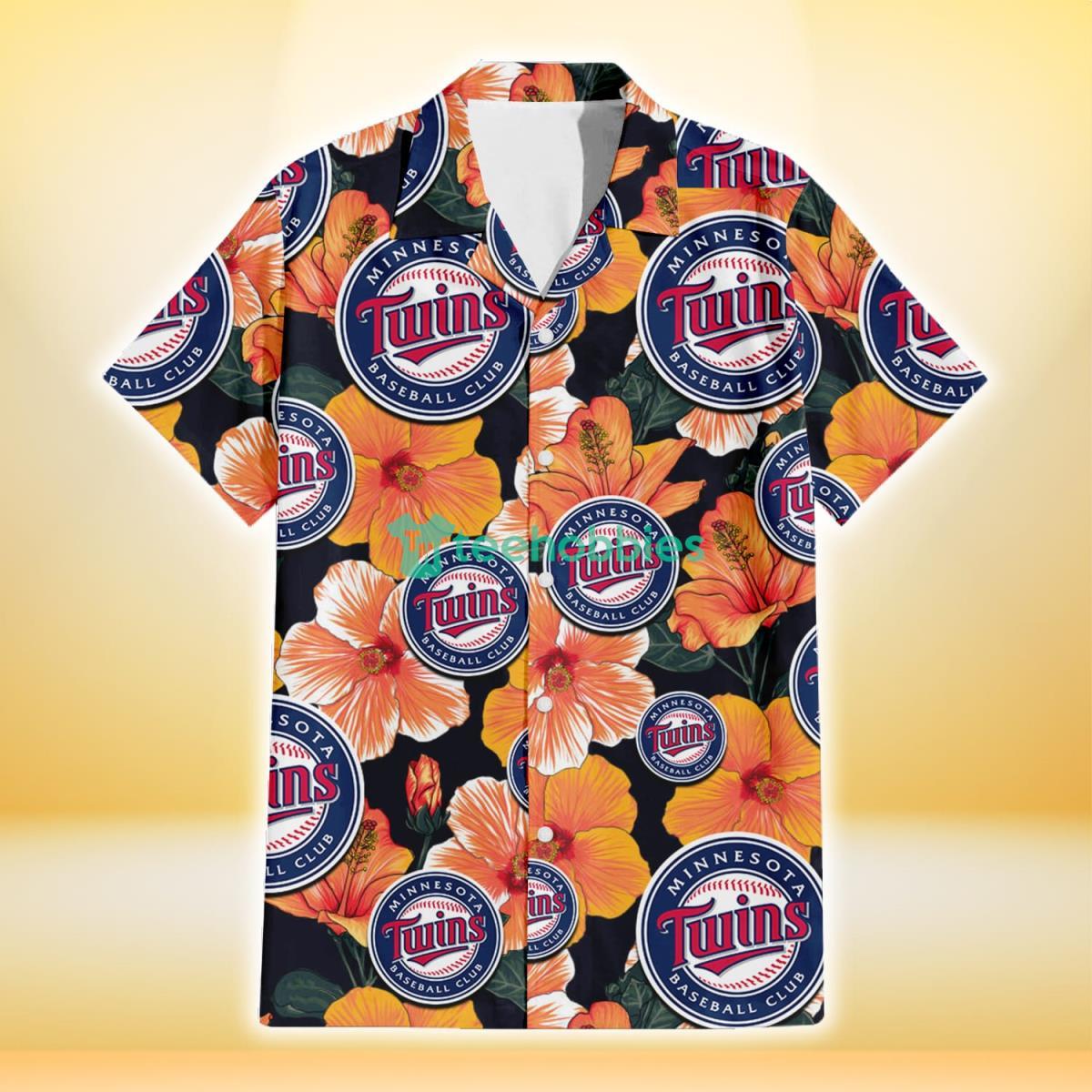 Minnesota Twins Orange Hibiscus Dark Green Leaf Black Background 3D Hawaiian Shirt Gift For Fans Product Photo 2