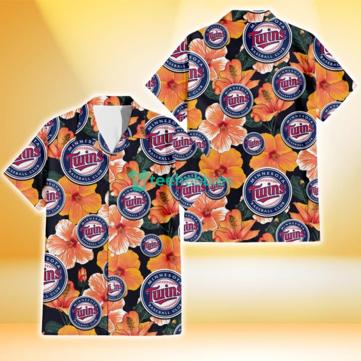 Minnesota Twins Orange Hibiscus Dark Green Leaf Black Background 3D Hawaiian Shirt Gift For Fans Product Photo 1