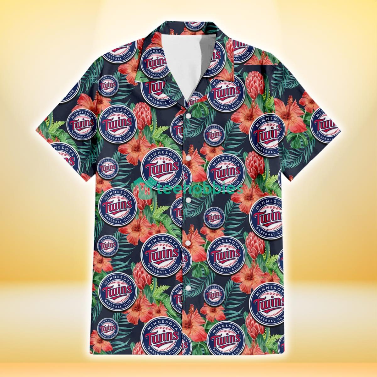 Minnesota Twins Orange Hibiscus Green Tropical Leaf Dark Background 3D Hawaiian Shirt Gift For Fans Product Photo 2