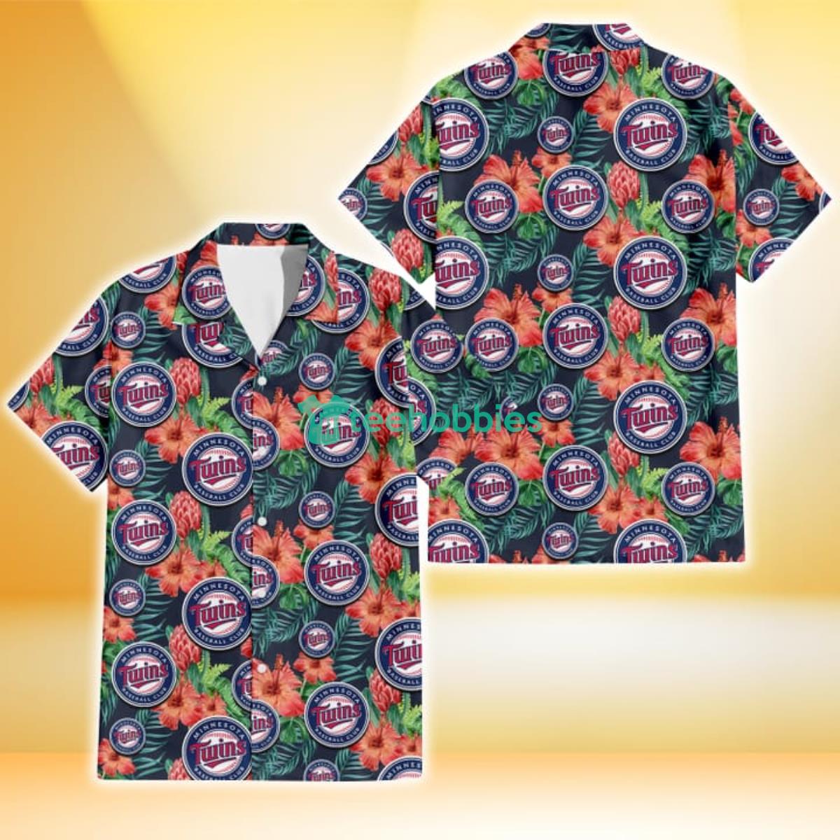 Minnesota Twins Orange Hibiscus Green Tropical Leaf Dark Background 3D Hawaiian Shirt Gift For Fans Product Photo 1
