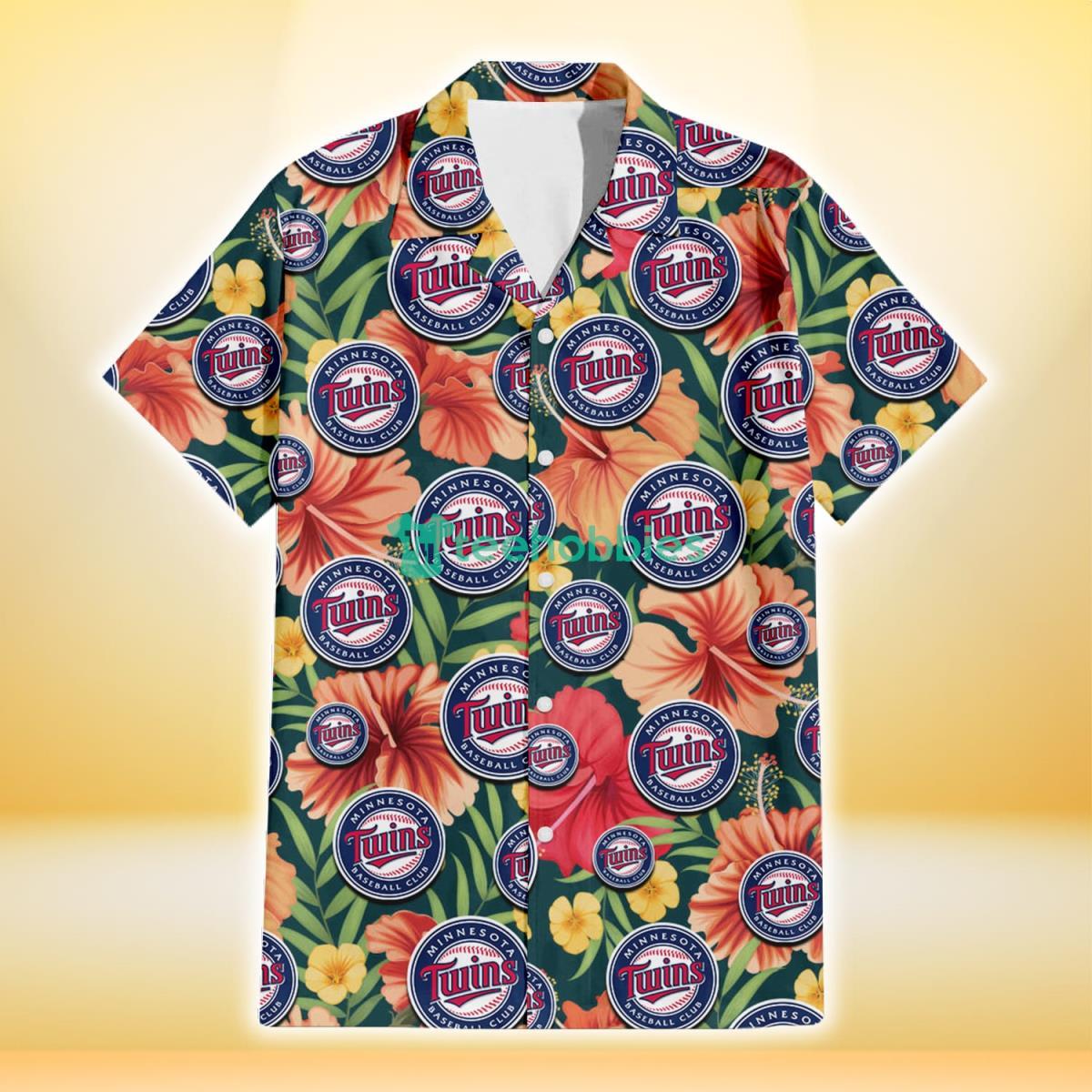 Minnesota Twins Orange Red Hibiscus Green Leaf Dark Background 3D Hawaiian Shirt Gift For Fans Product Photo 2