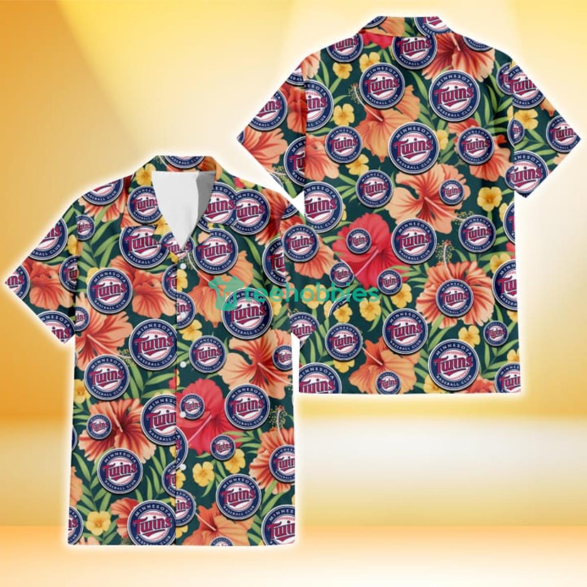 Minnesota Twins Orange Red Hibiscus Green Leaf Dark Background 3D Hawaiian Shirt Gift For Fans Product Photo 1
