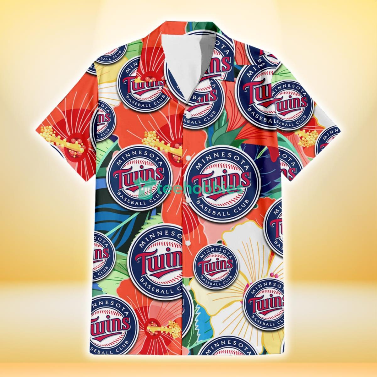 Minnesota Twins Orange White Tropical Hibiscus Green Leaf 3D Hawaiian Shirt Gift For Fans Product Photo 2