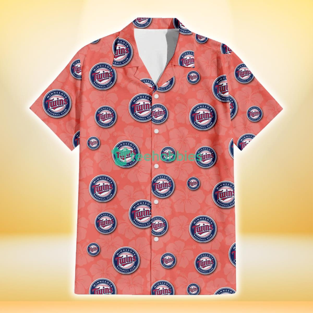 Minnesota Twins Peach Puff Hibiscus Tomato Orange Background 3D Hawaiian Shirt Gift For Fans Product Photo 2