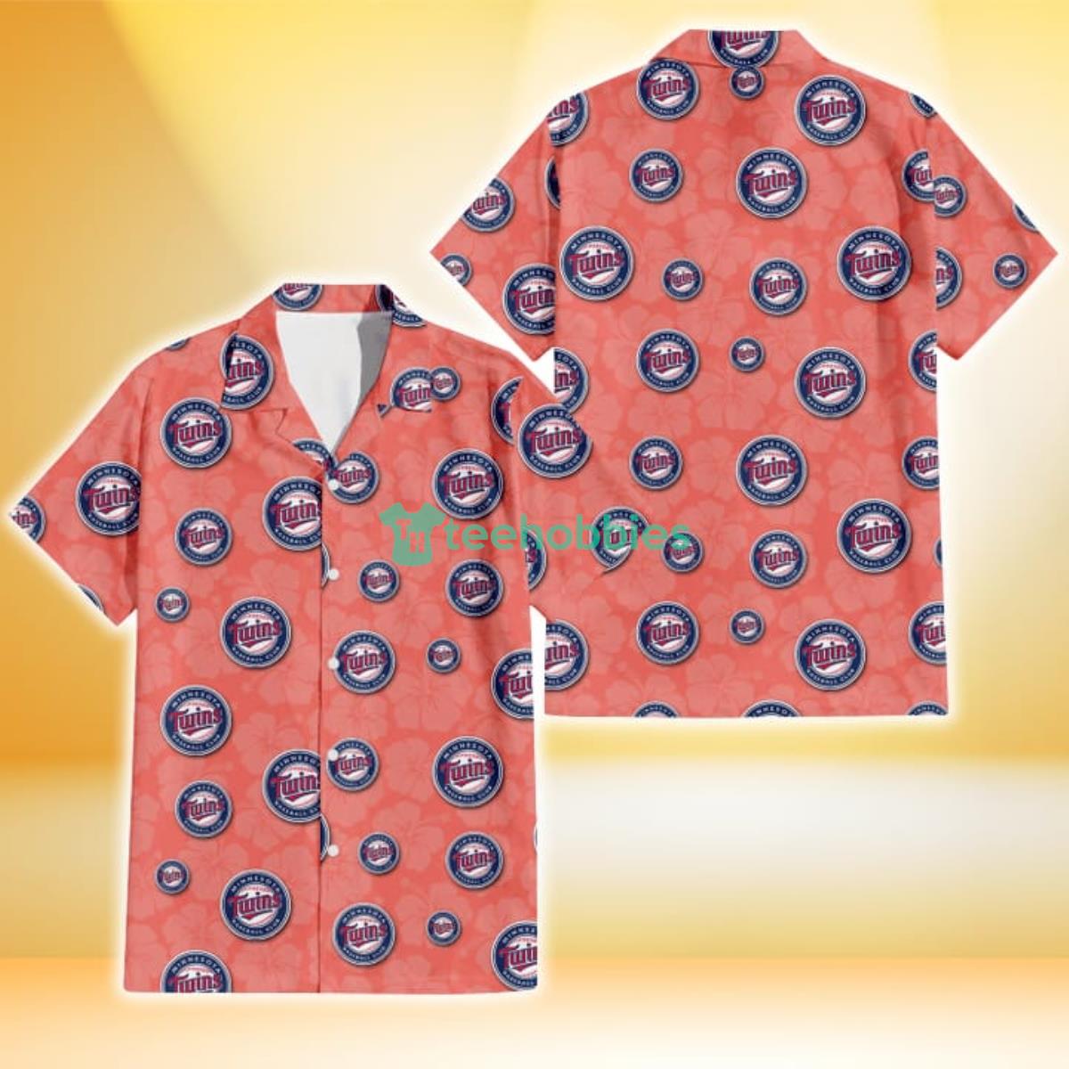 Minnesota Twins Peach Puff Hibiscus Tomato Orange Background 3D Hawaiian Shirt Gift For Fans Product Photo 1
