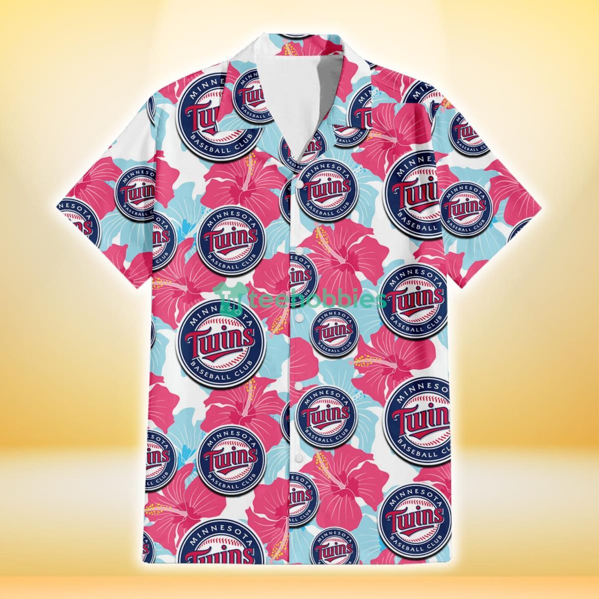 Minnesota Twins Pink Blue Hibiscus White Background 3D Hawaiian Shirt Gift For Fans Product Photo 2