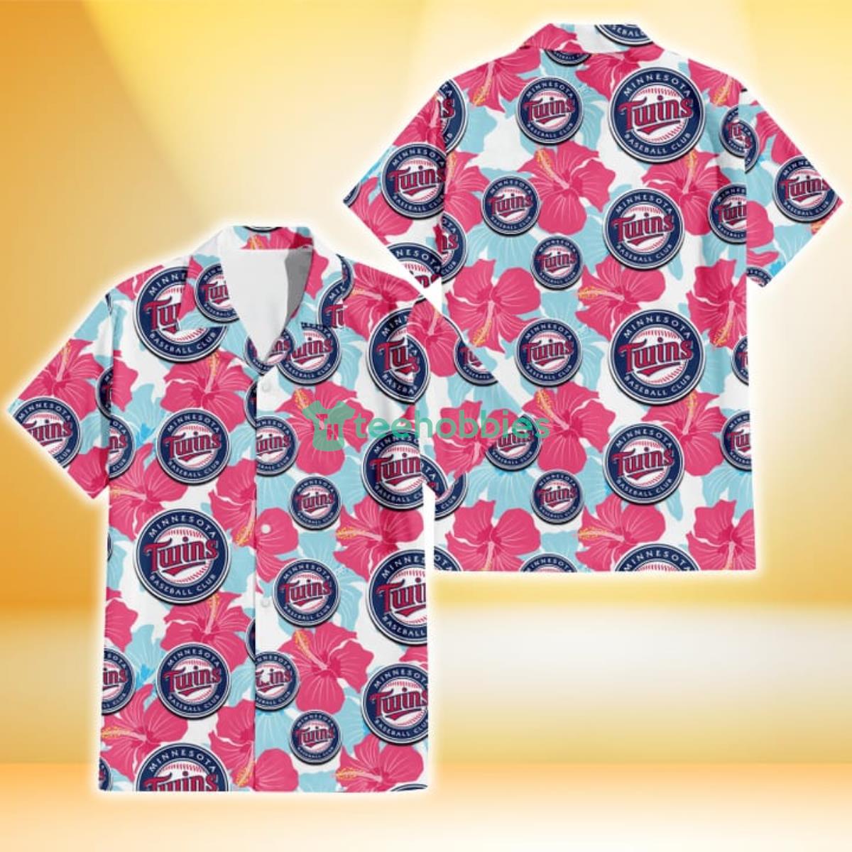 Minnesota Twins Pink Blue Hibiscus White Background 3D Hawaiian Shirt Gift For Fans Product Photo 1