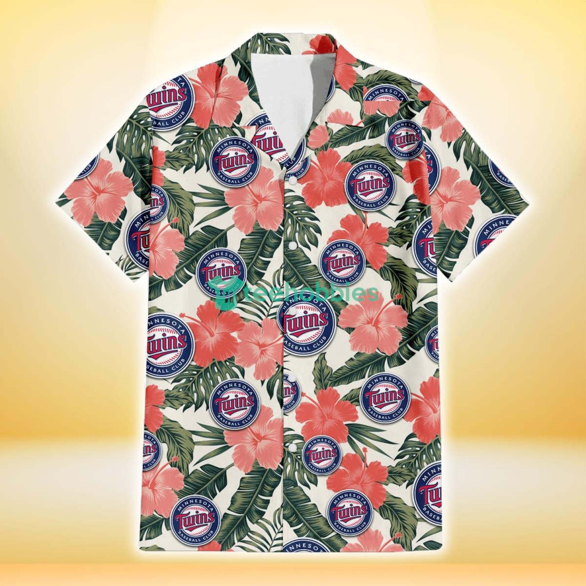 Minnesota Twins Pink Coral Hibiscus Banana Leaf Beige Background 3D Hawaiian Shirt Gift For Fans Product Photo 2