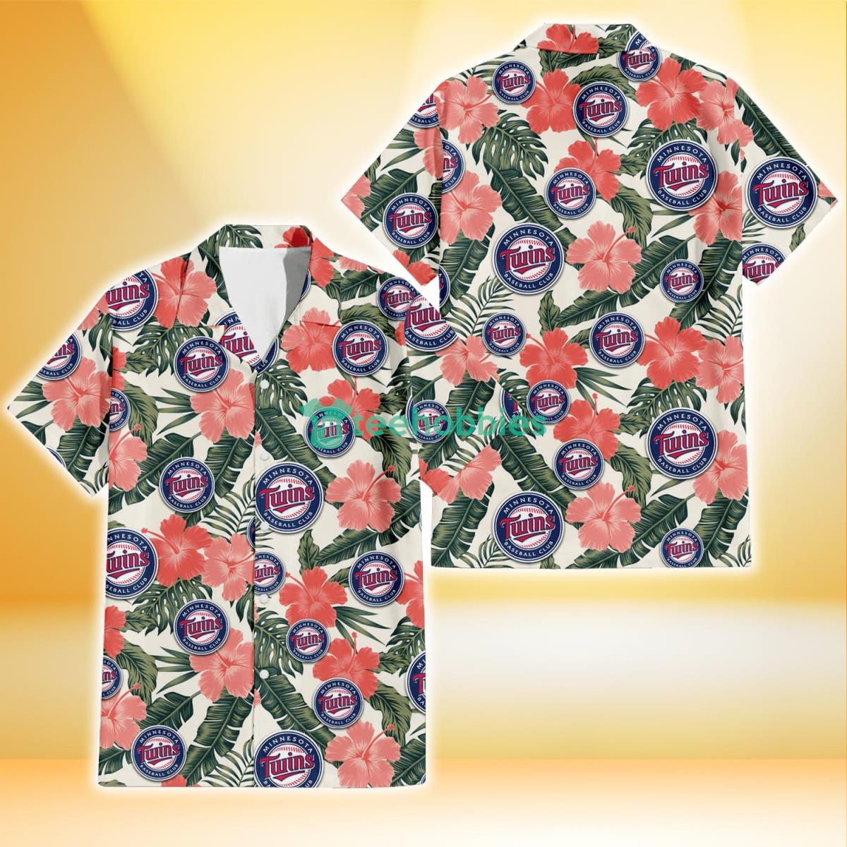 Minnesota Twins Pink Coral Hibiscus Banana Leaf Beige Background 3D Hawaiian Shirt Gift For Fans Product Photo 1