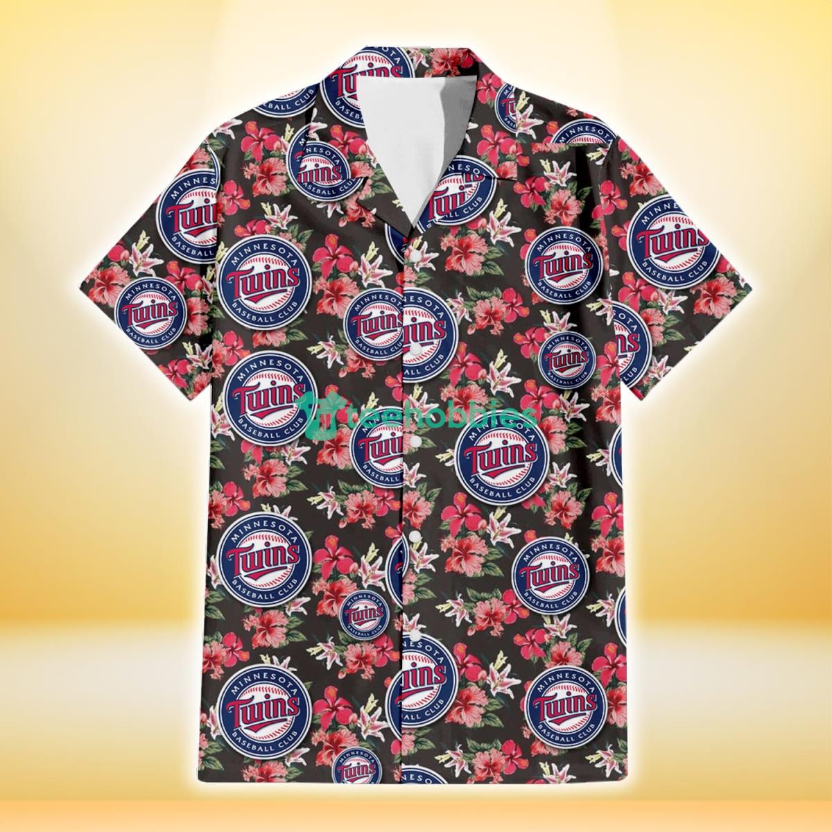 Minnesota Twins Pink Hibiscus Orchid Brown Background 3D Hawaiian Shirt Gift For Fans Product Photo 2