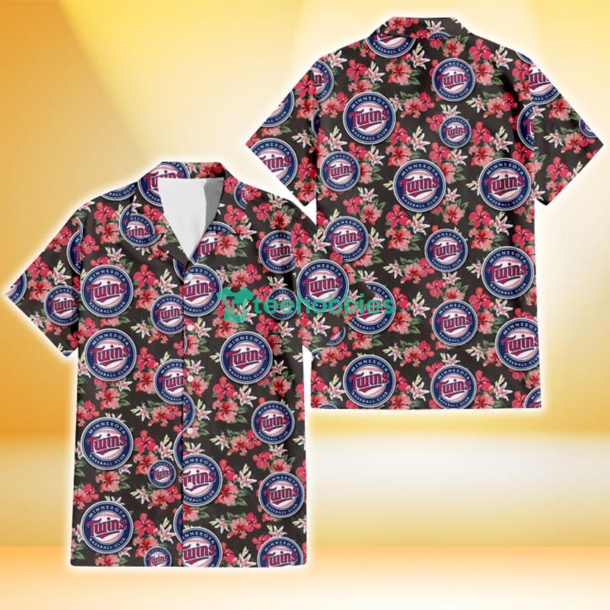 Minnesota Twins Pink Hibiscus Orchid Brown Background 3D Hawaiian Shirt Gift For Fans Product Photo 1