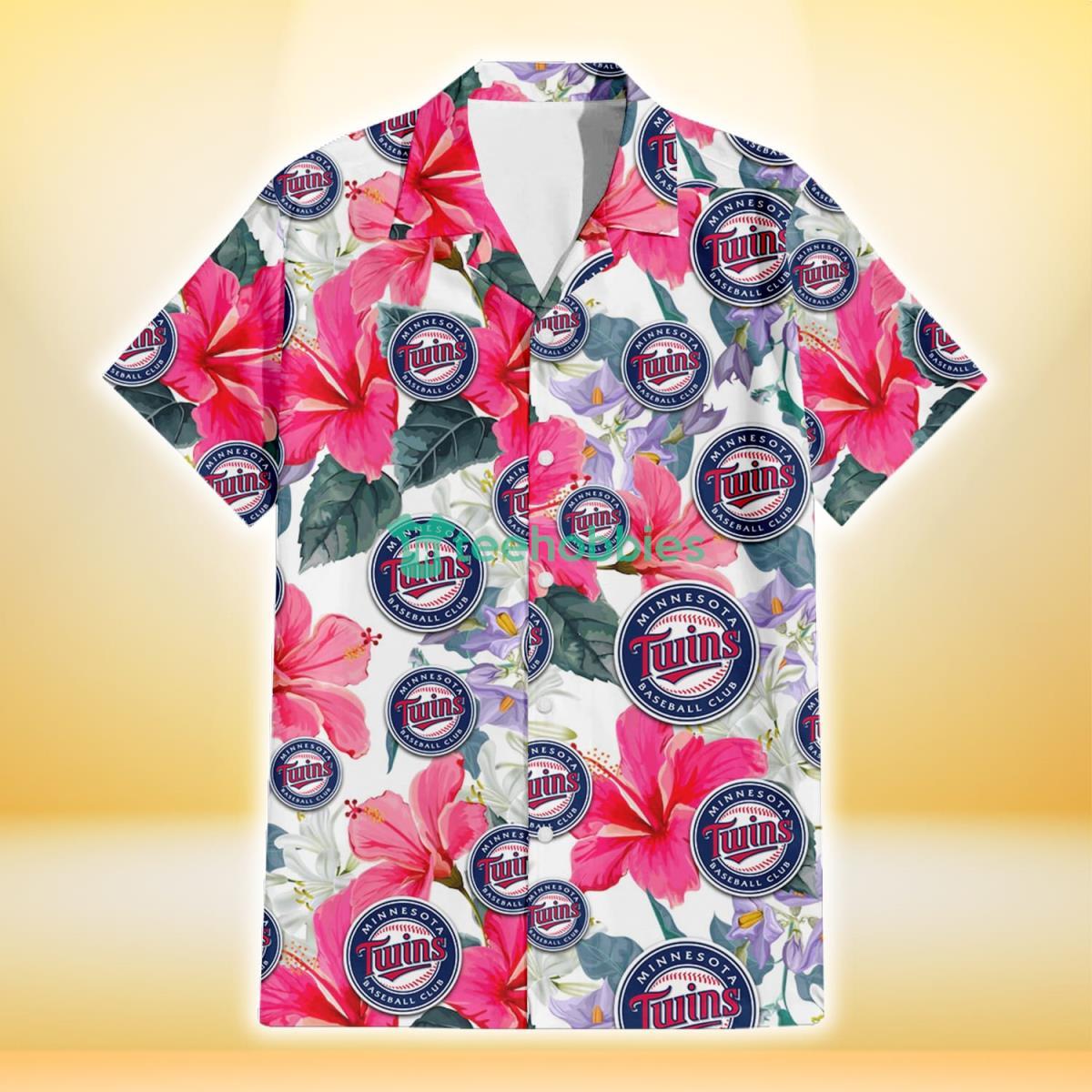Minnesota Twins Pink Hibiscus White Orchid White Background 3D Hawaiian Shirt Gift For Fans Product Photo 2