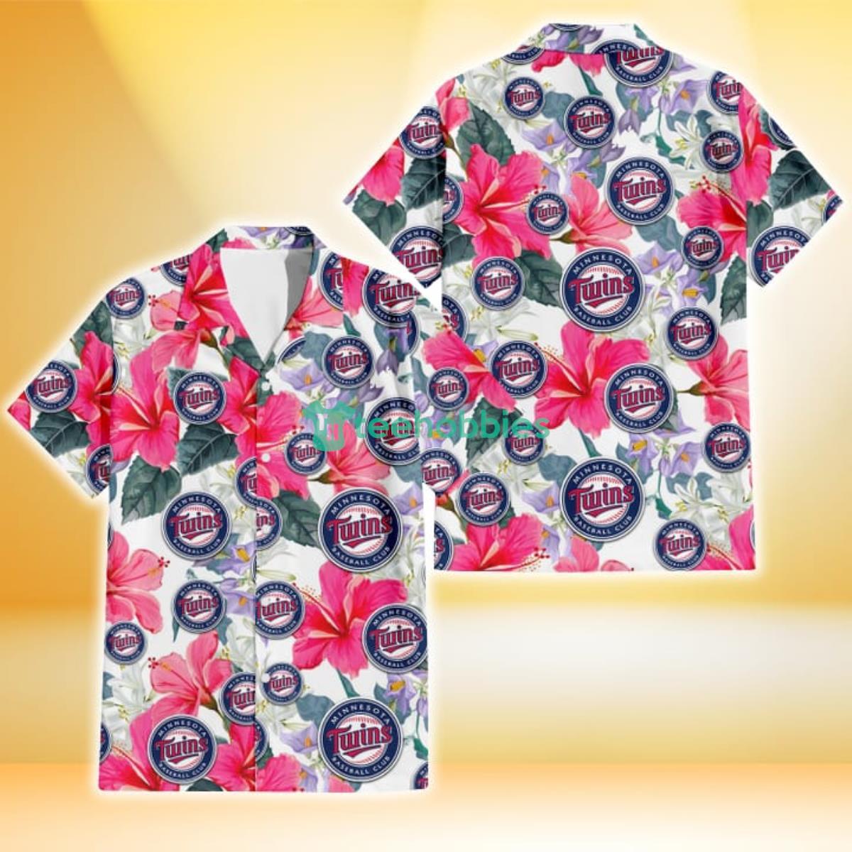 Minnesota Twins Pink Hibiscus White Orchid White Background 3D Hawaiian Shirt Gift For Fans Product Photo 1