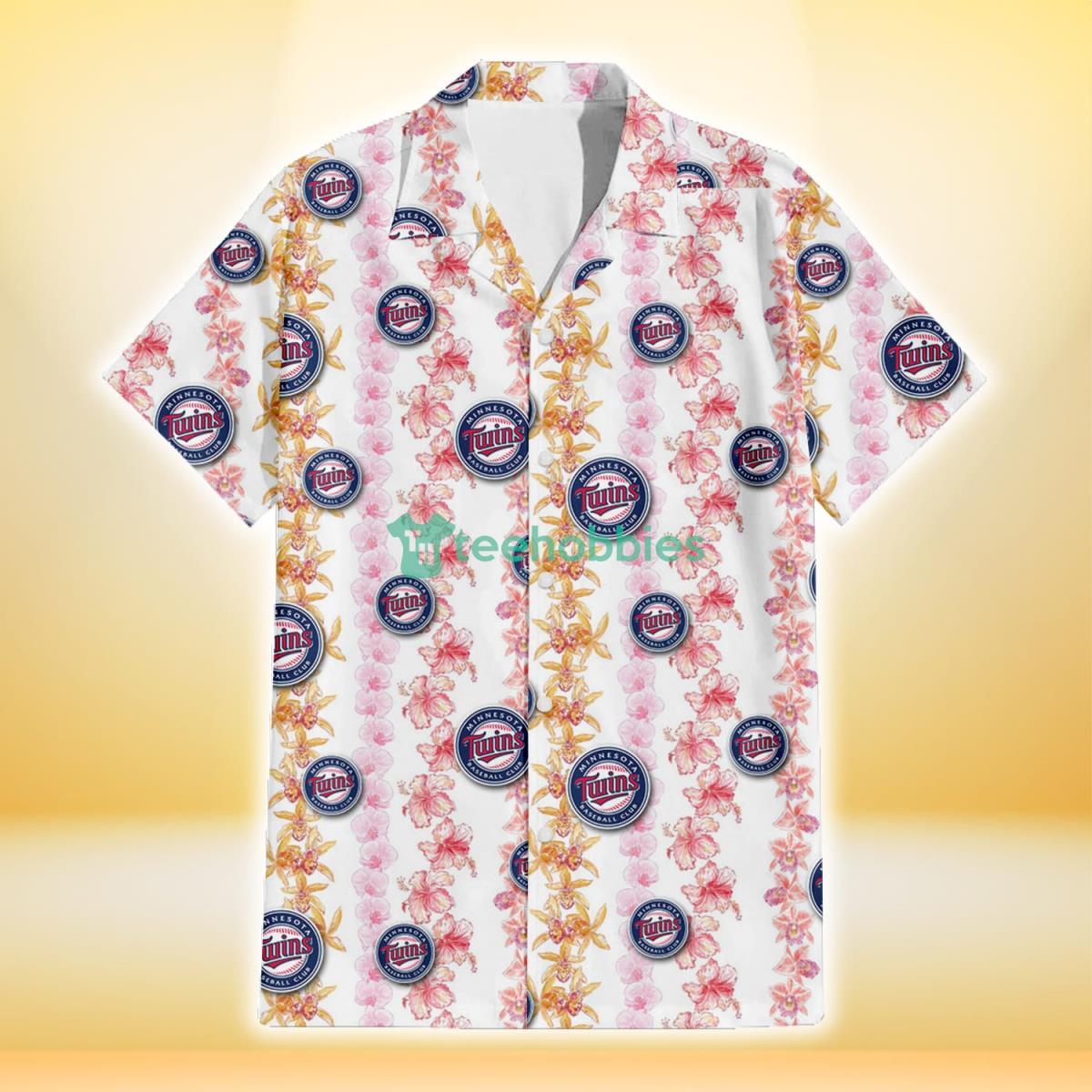 Minnesota Twins Pink Hibiscus Yellow Pink Orchid White Background 3D Hawaiian Shirt Gift For Fans Product Photo 2