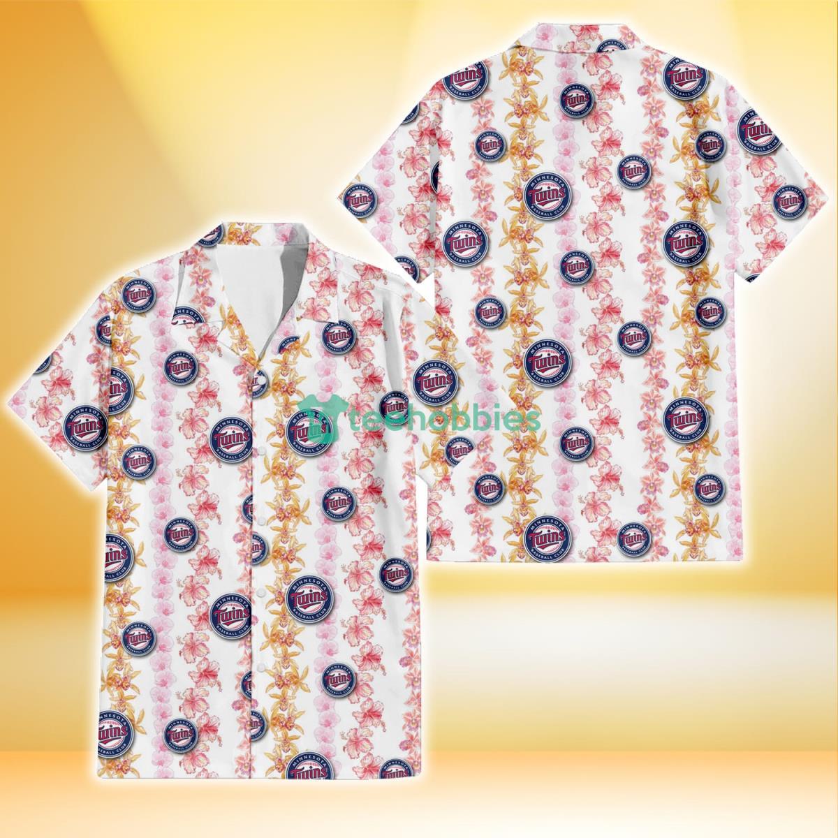 Minnesota Twins Pink Hibiscus Yellow Pink Orchid White Background 3D Hawaiian Shirt Gift For Fans Product Photo 1