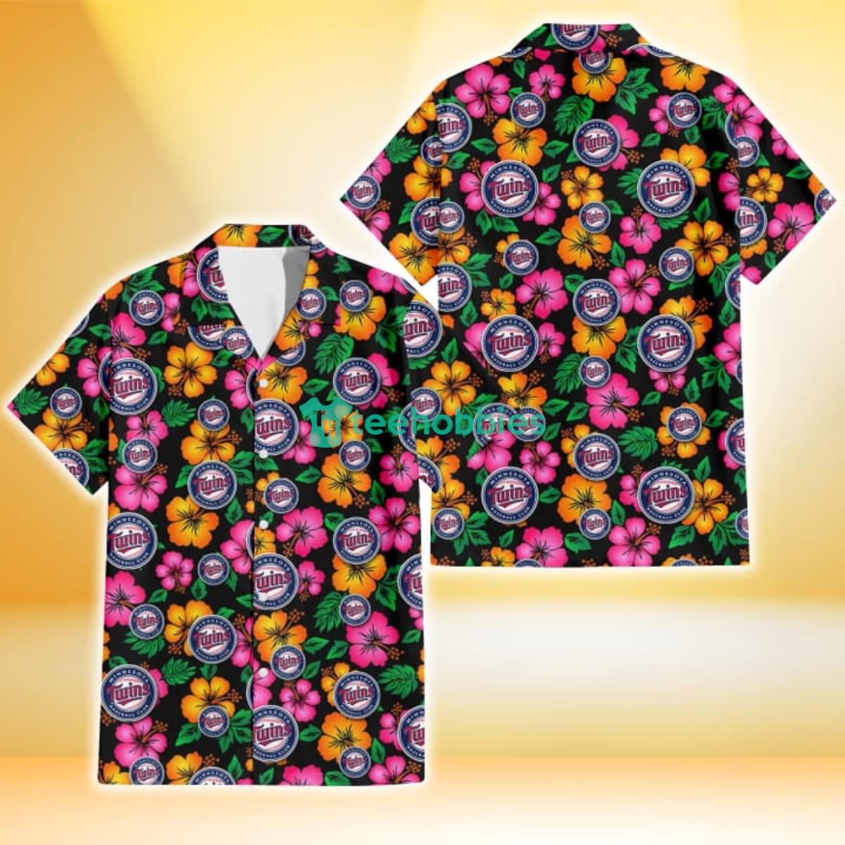 Minnesota Twins Pink Orange Black Background 3D Hawaiian Shirt Gift For Fans Product Photo 1