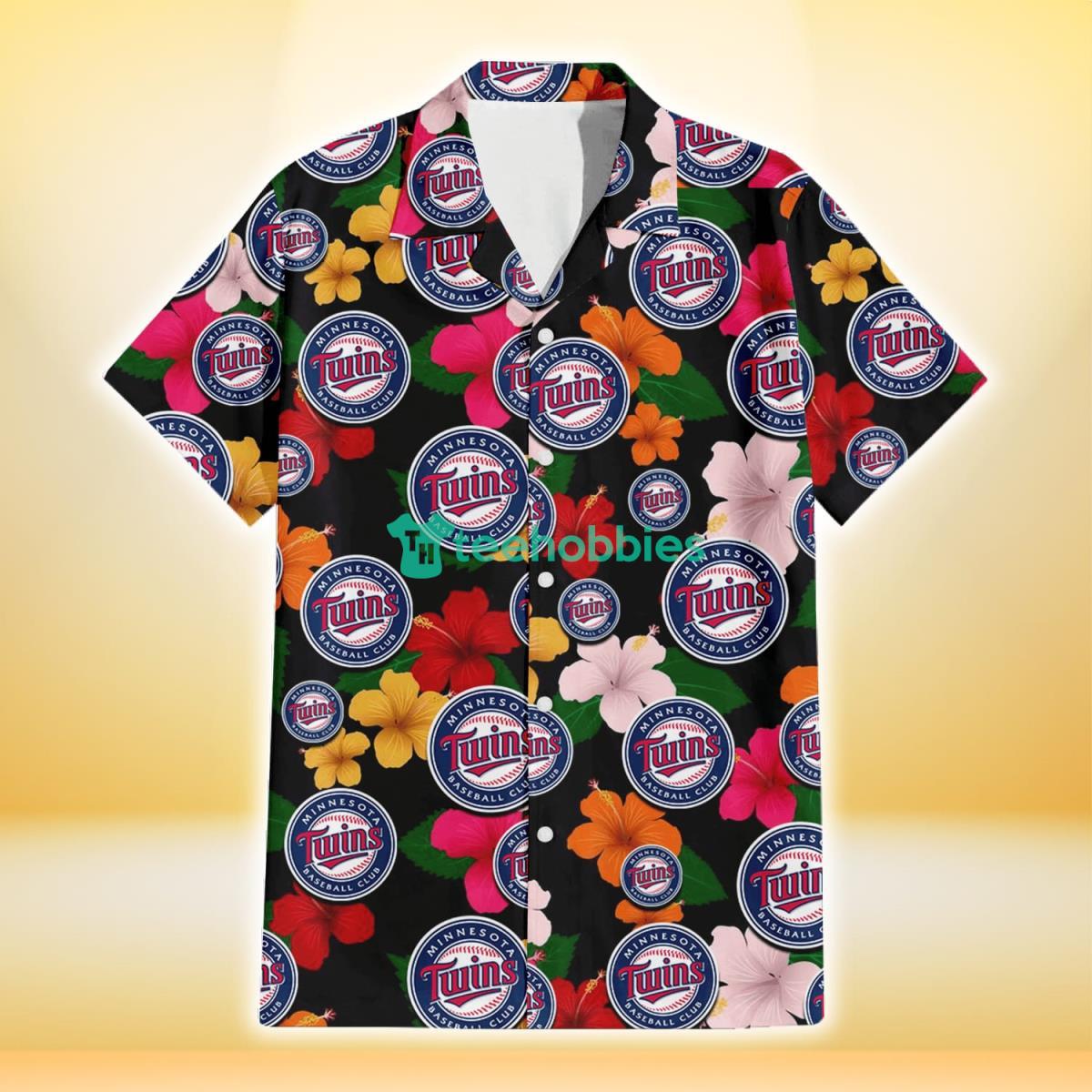 Minnesota Twins Pink Orange Yellow White Hibiscus Black Background 3D Hawaiian Shirt Gift For Fans Product Photo 2
