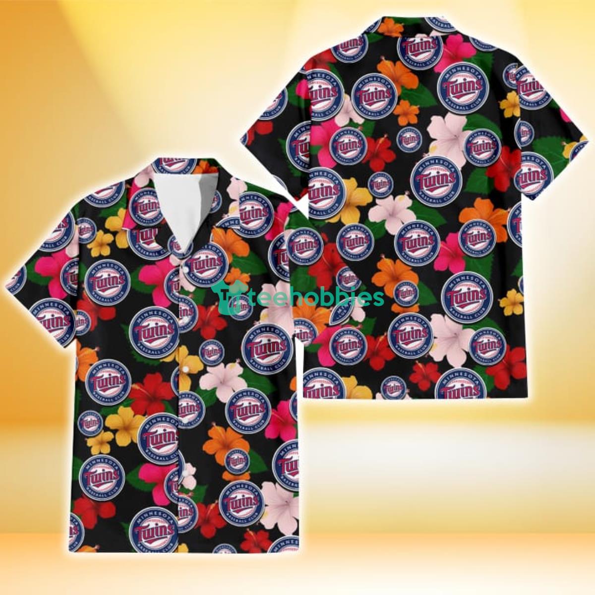 Minnesota Twins Pink Orange Yellow White Hibiscus Black Background 3D Hawaiian Shirt Gift For Fans Product Photo 1