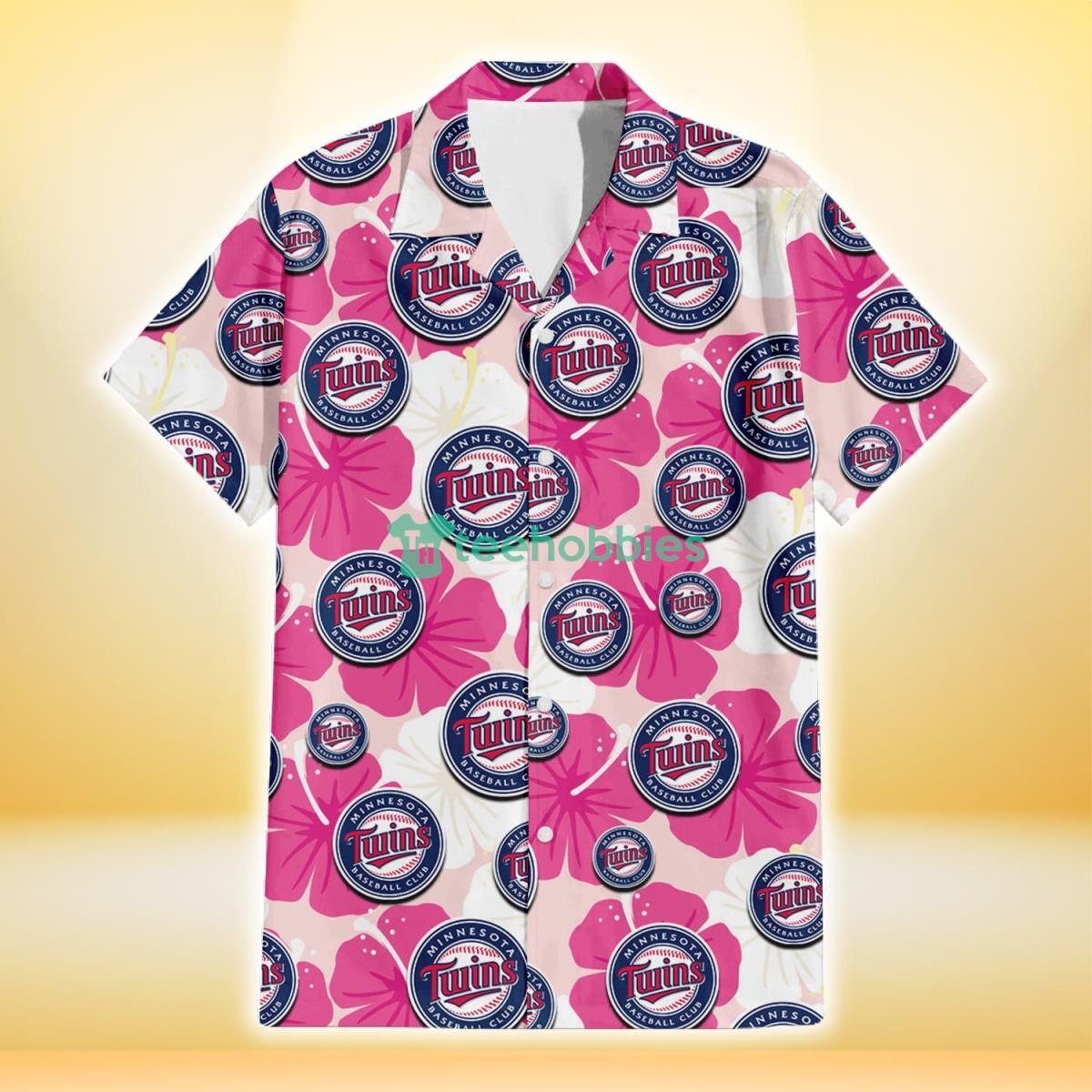 Minnesota Twins Pink White Hibiscus Misty Rose Background 3D Hawaiian Shirt Gift For Fans Product Photo 2
