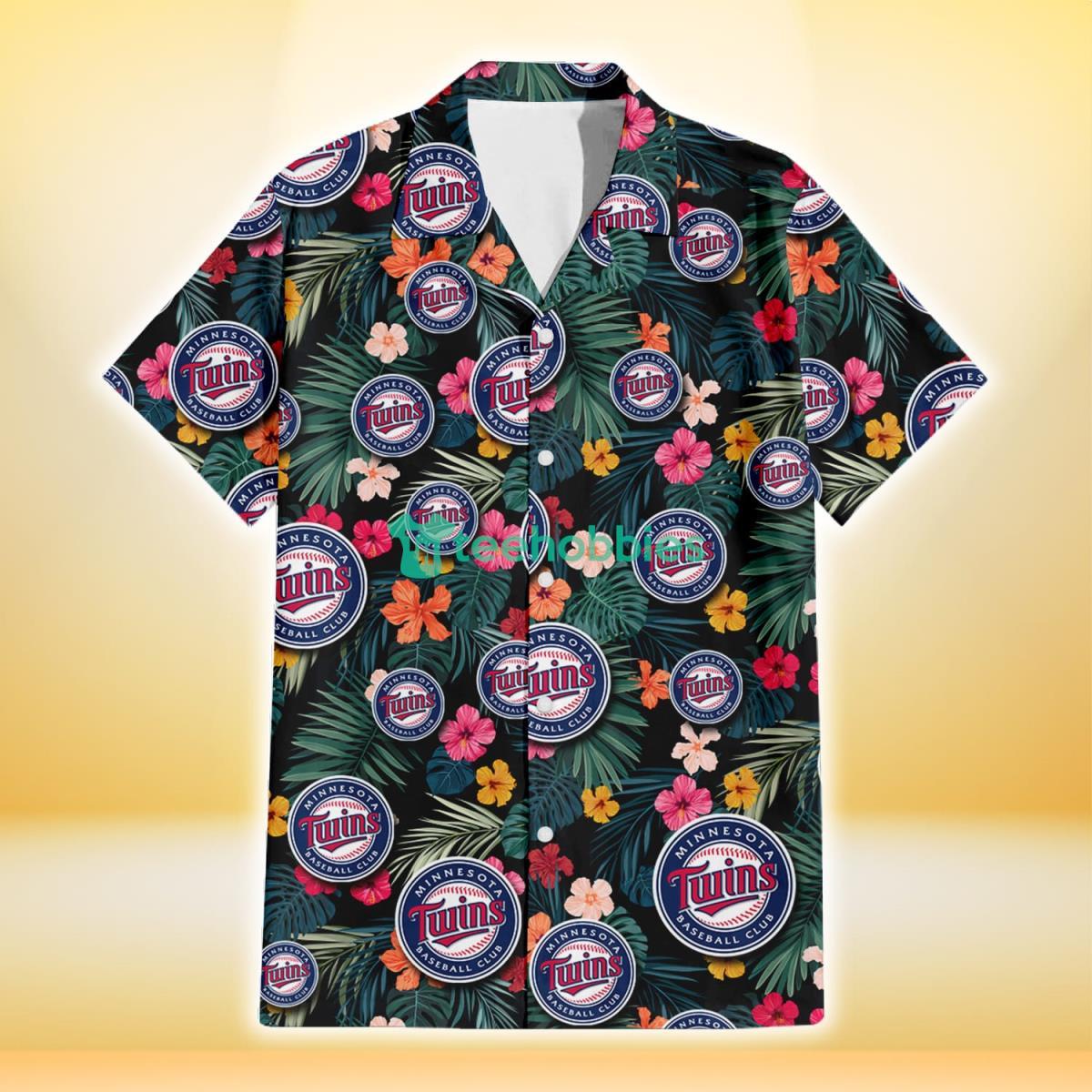 Minnesota Twins Pink Yellow Orange Hibiscus Big Tropical Leaf Black Background 3D Hawaiian Shirt Gift For Fans Product Photo 2