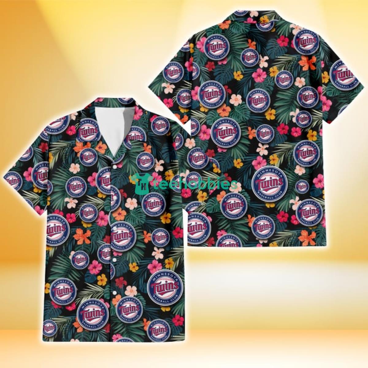 Minnesota Twins Pink Yellow Orange Hibiscus Big Tropical Leaf Black Background 3D Hawaiian Shirt Gift For Fans Product Photo 1