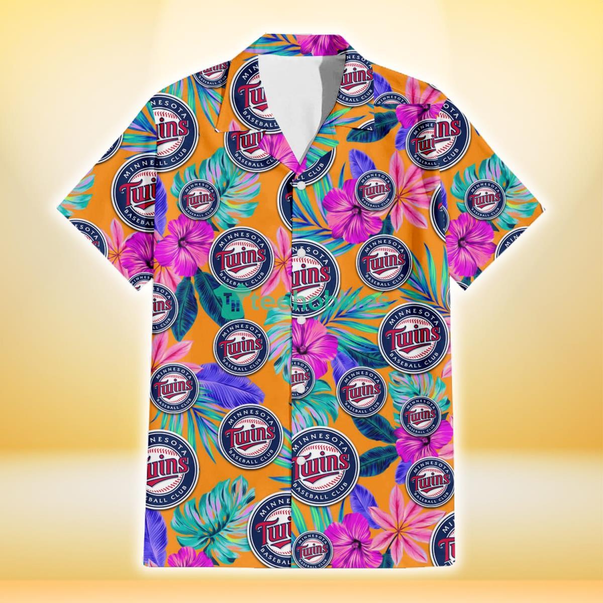 Minnesota Twins Purple Hibiscus Neon Leaf Orange Background 3D Hawaiian Shirt Gift For Fans Product Photo 2