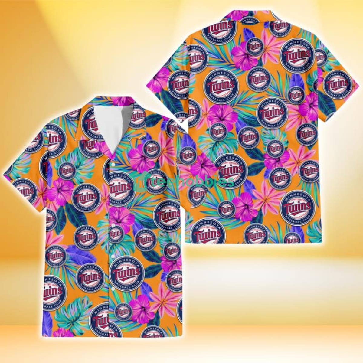 Minnesota Twins Purple Hibiscus Neon Leaf Orange Background 3D Hawaiian Shirt Gift For Fans Product Photo 1