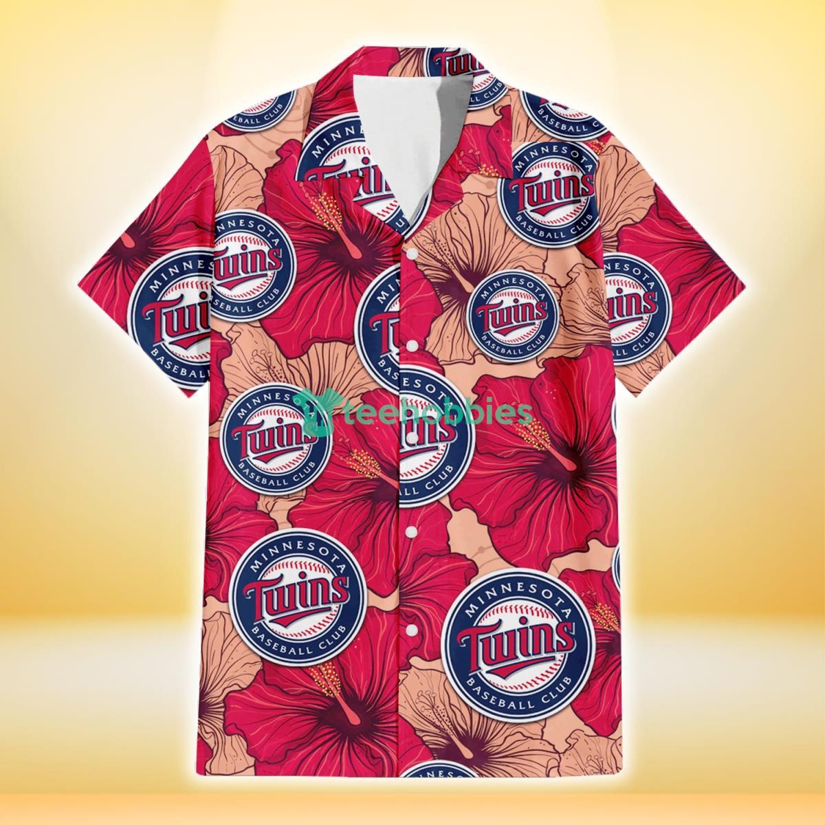 Minnesota Twins Red Beige Hibiscus Beige Background 3D Hawaiian Shirt Gift For Fans Product Photo 2