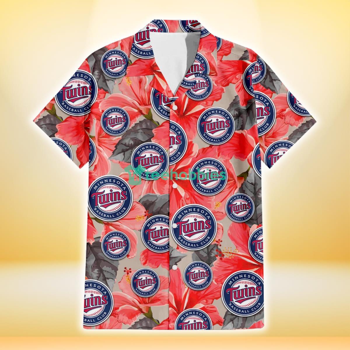 Minnesota Twins Red Hibiscus Gray Leaf Beige Background 3D Hawaiian Shirt Gift For Fans Product Photo 2