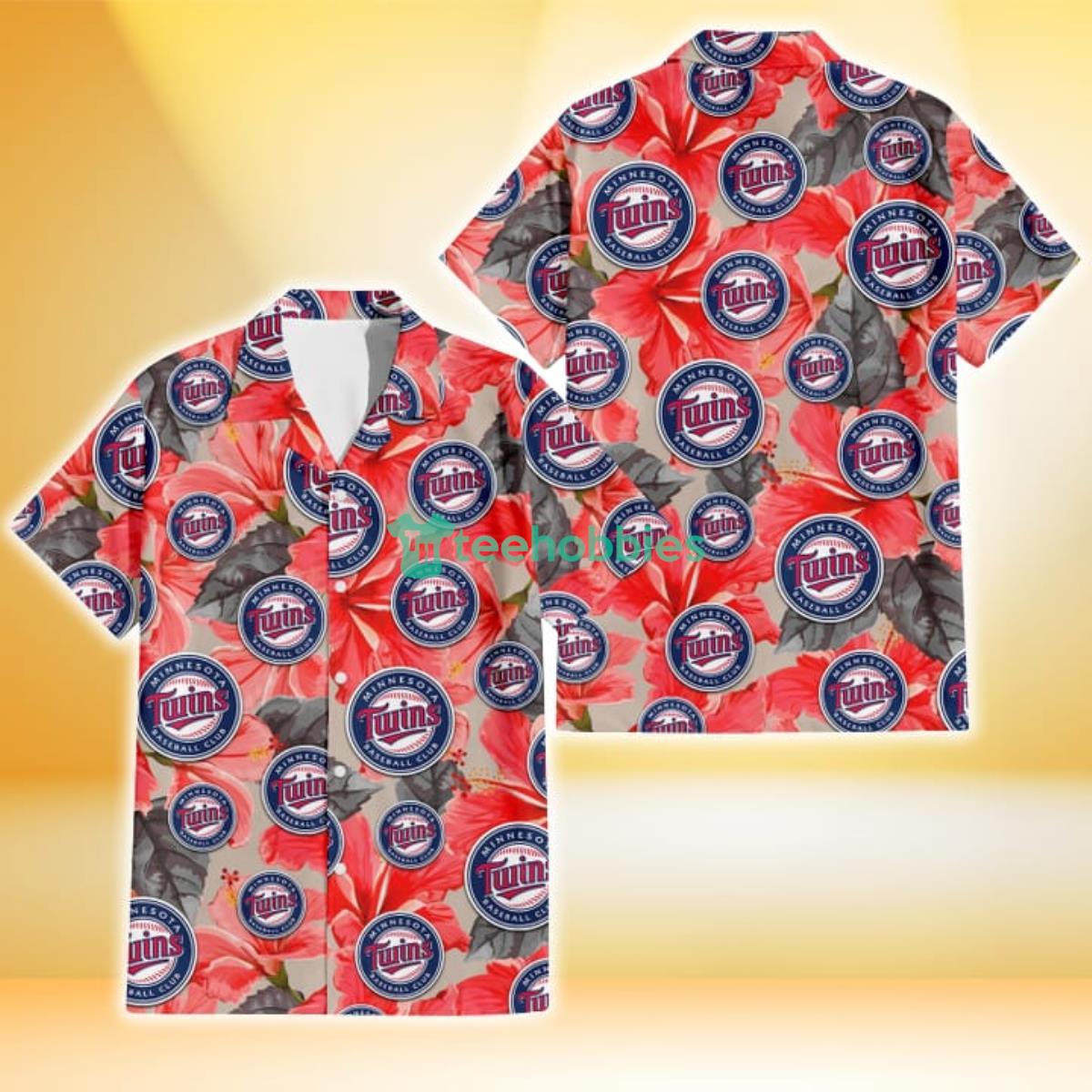 Minnesota Twins Red Hibiscus Gray Leaf Beige Background 3D Hawaiian Shirt Gift For Fans Product Photo 1