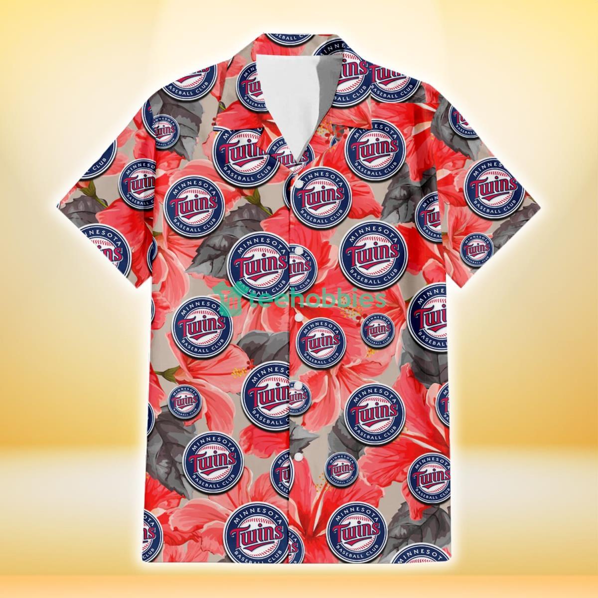 Minnesota Twins Red Hibiscus Gray Leaf Gainsboro Background 3D Hawaiian Shirt Gift For Fans Product Photo 2