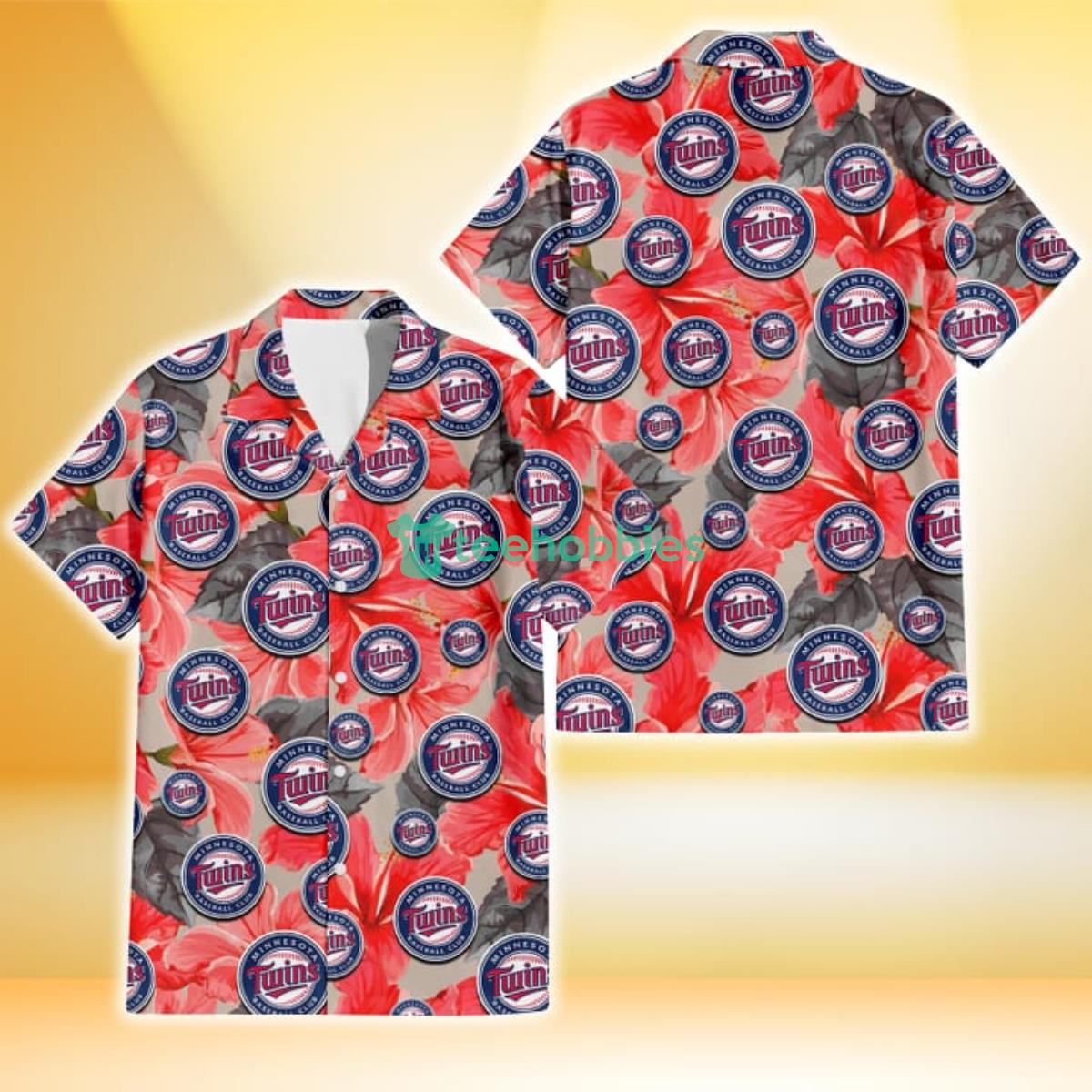 Minnesota Twins Red Hibiscus Gray Leaf Gainsboro Background 3D Hawaiian Shirt Gift For Fans Product Photo 1