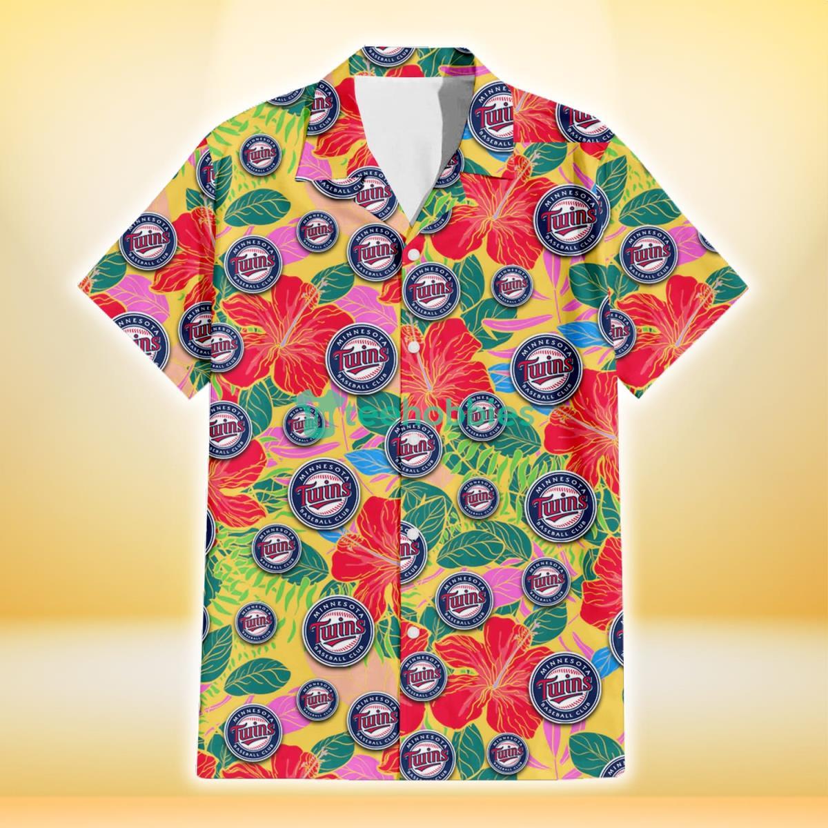 Minnesota Twins Red Hibiscus Green Blue Leaf Yellow Background 3D Hawaiian Shirt Gift For Fans Product Photo 2