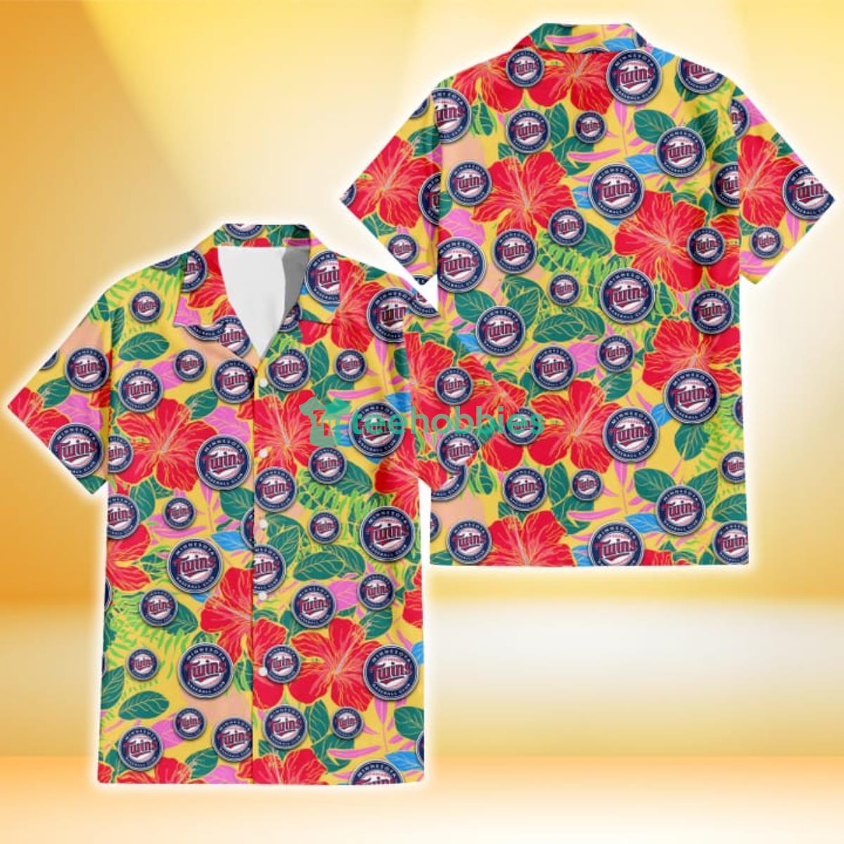 Minnesota Twins Red Hibiscus Green Blue Leaf Yellow Background 3D Hawaiian Shirt Gift For Fans Product Photo 1