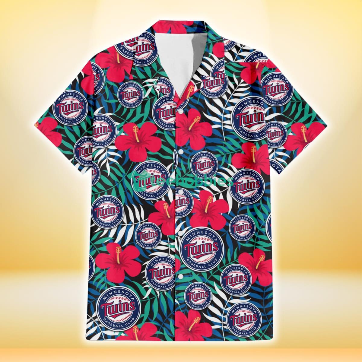 Minnesota Twins Red Hibiscus Green Blue White Leaf Black Background 3D Hawaiian Shirt Gift For Fans Product Photo 2
