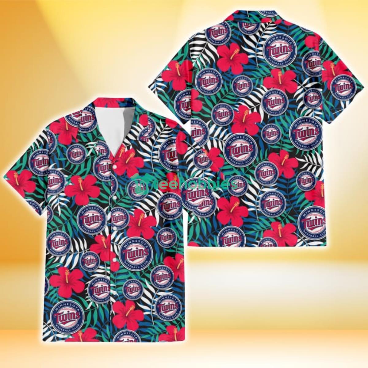 Minnesota Twins Red Hibiscus Green Blue White Leaf Black Background 3D Hawaiian Shirt Gift For Fans Product Photo 1