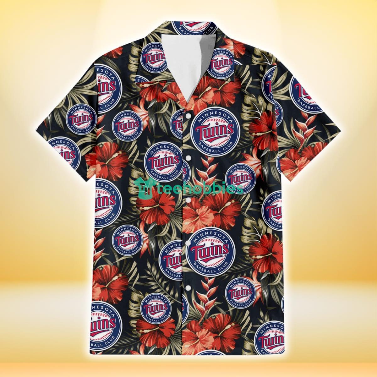 Minnesota Twins Red Hibiscus Green Leaf Dark Background 3D Hawaiian Shirt Gift For Fans Product Photo 2