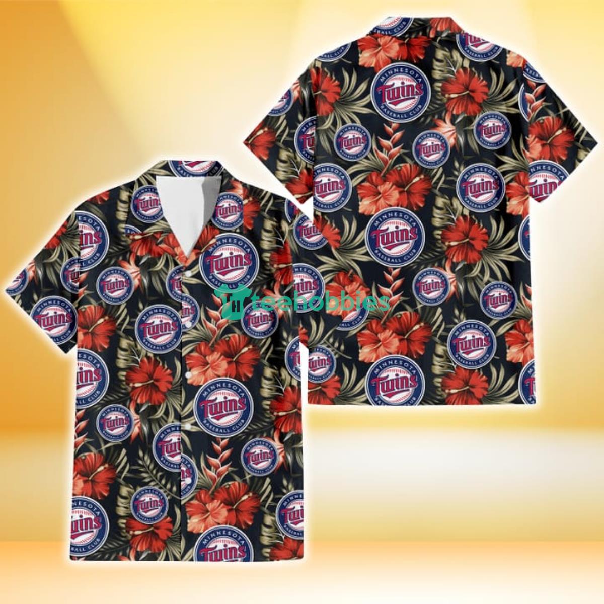Minnesota Twins Red Hibiscus Green Leaf Dark Background 3D Hawaiian Shirt Gift For Fans Product Photo 1