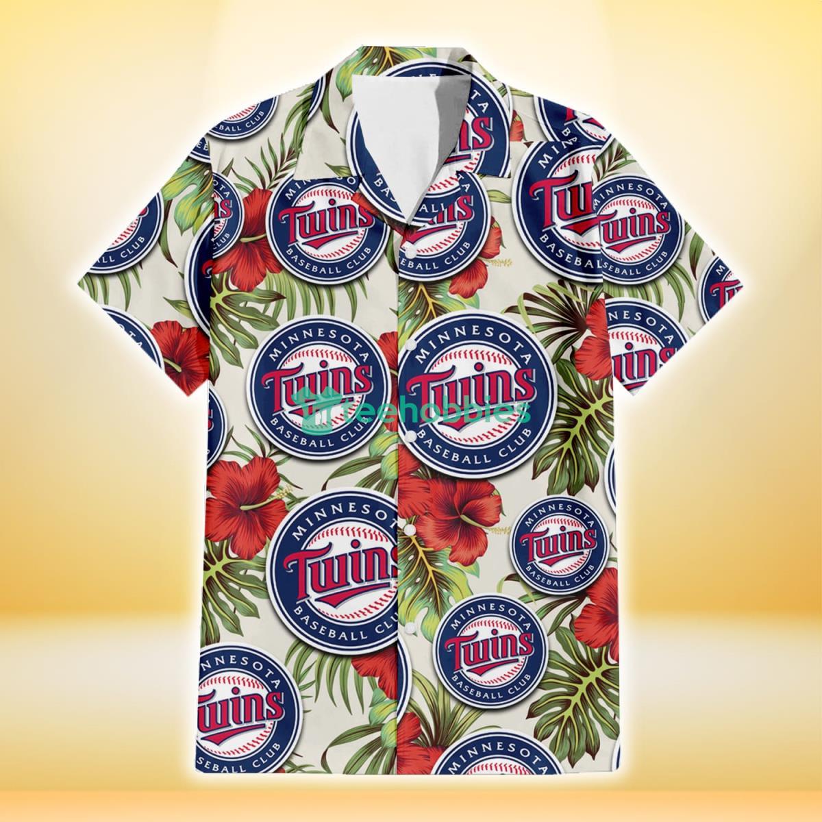 Minnesota Twins Red Hibiscus Green Tropical Leaf Cream Background 3D Hawaiian Shirt Gift For Fans Product Photo 2