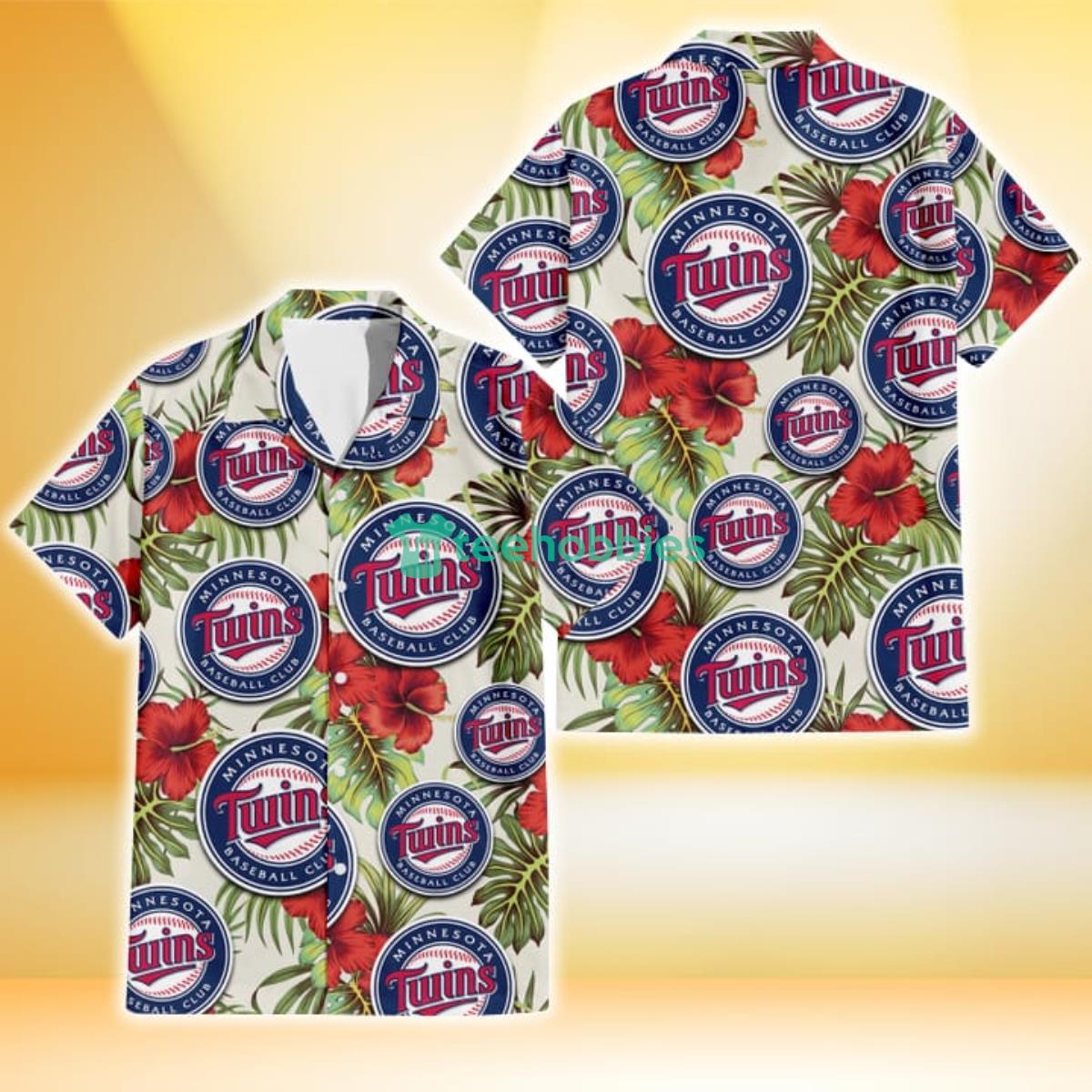 Minnesota Twins Red Hibiscus Green Tropical Leaf Cream Background 3D Hawaiian Shirt Gift For Fans Product Photo 1