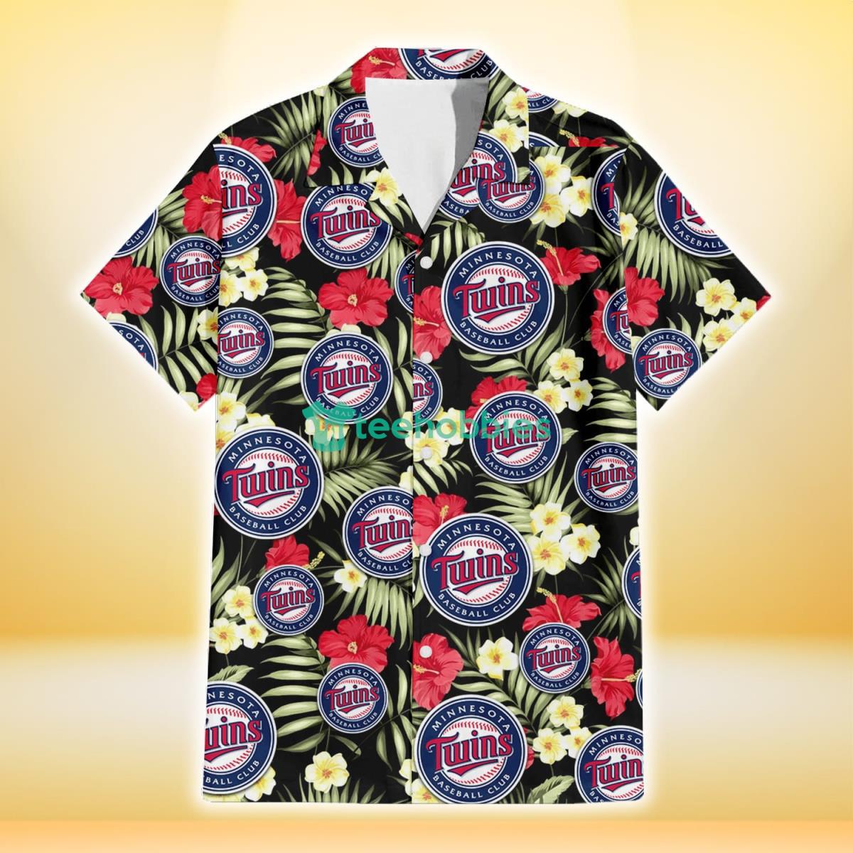Minnesota Twins Red Hibiscus Yellow Porcelain Flower Black Background 3D Hawaiian Shirt Gift For Fans Product Photo 2