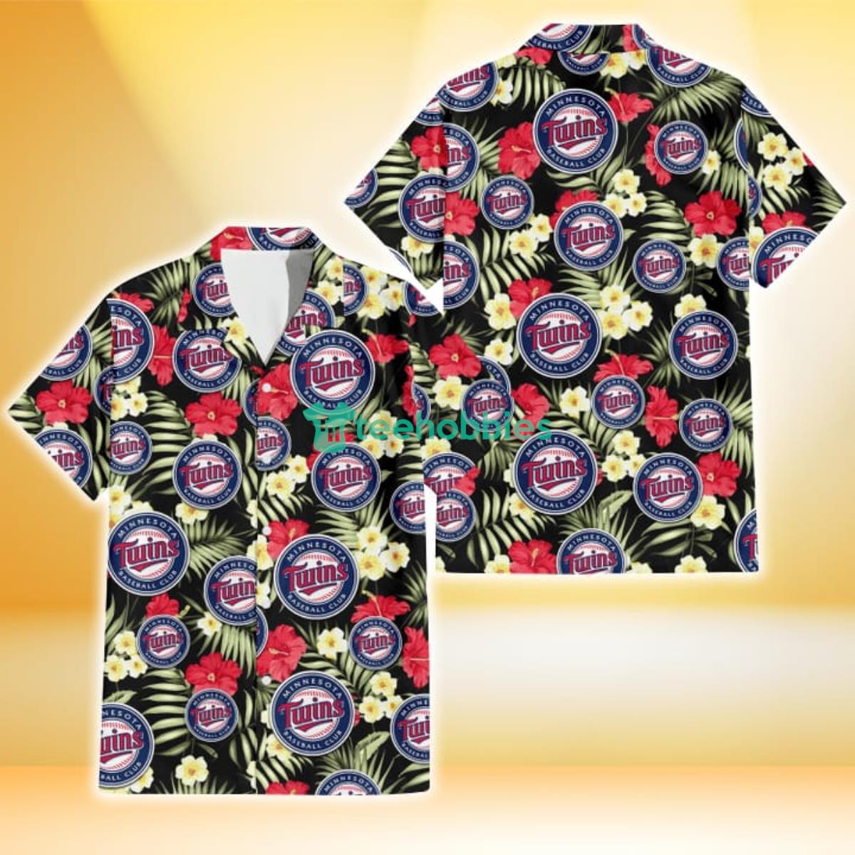 Minnesota Twins Red Hibiscus Yellow Porcelain Flower Black Background 3D Hawaiian Shirt Gift For Fans Product Photo 1
