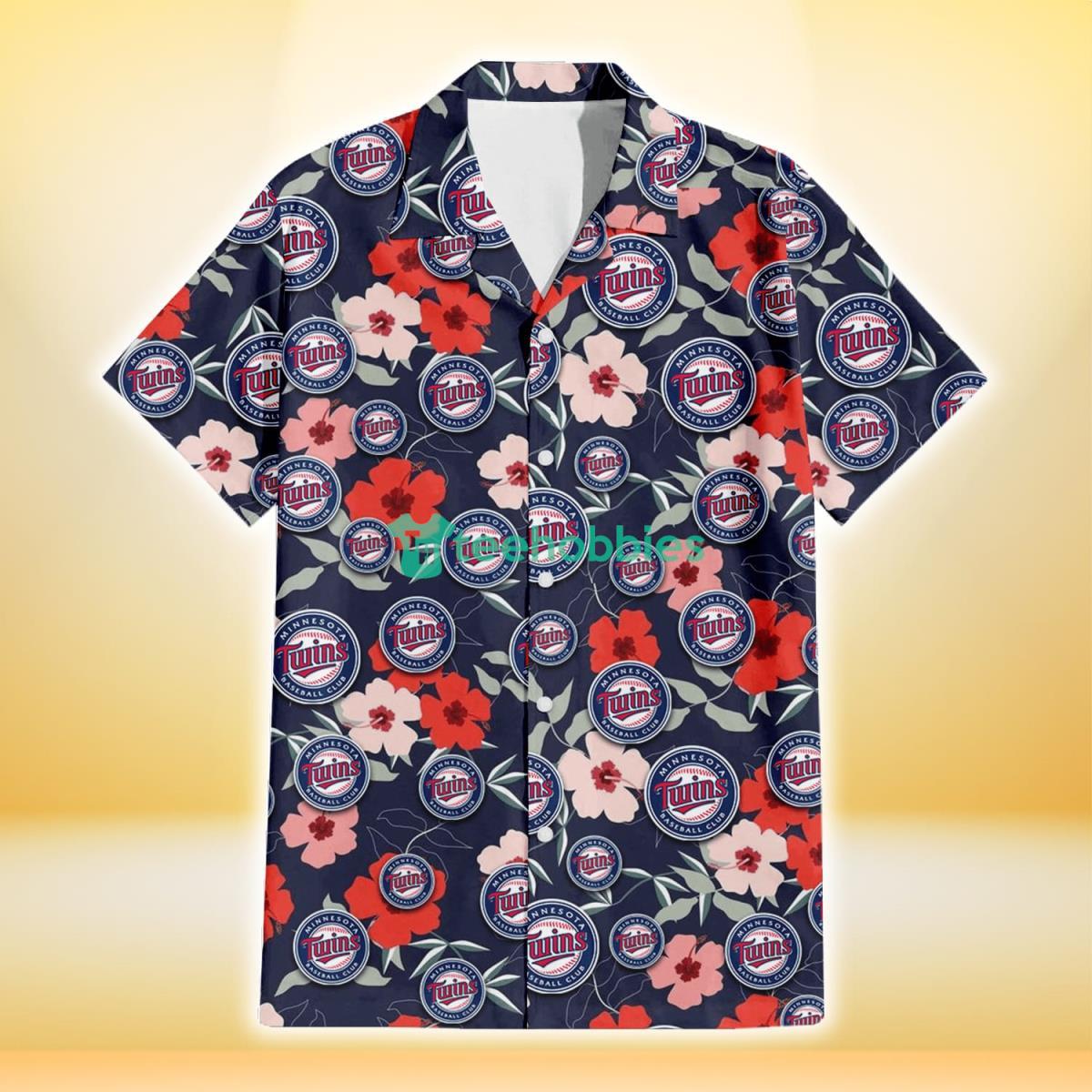 Minnesota Twins Red Pink White Hibiscus Black Background 3D Hawaiian Shirt Gift For Fans Product Photo 2